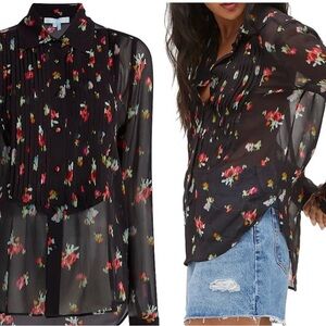 Hill House Black Floral Sheer Long Sleeve Blouse sz XS like new